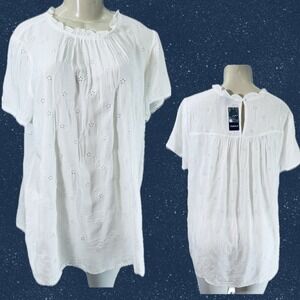 Torrid L/0 White Voile Eyelet Ruffle Mock Neck Rayon Short Sleeve Peasant Blouse